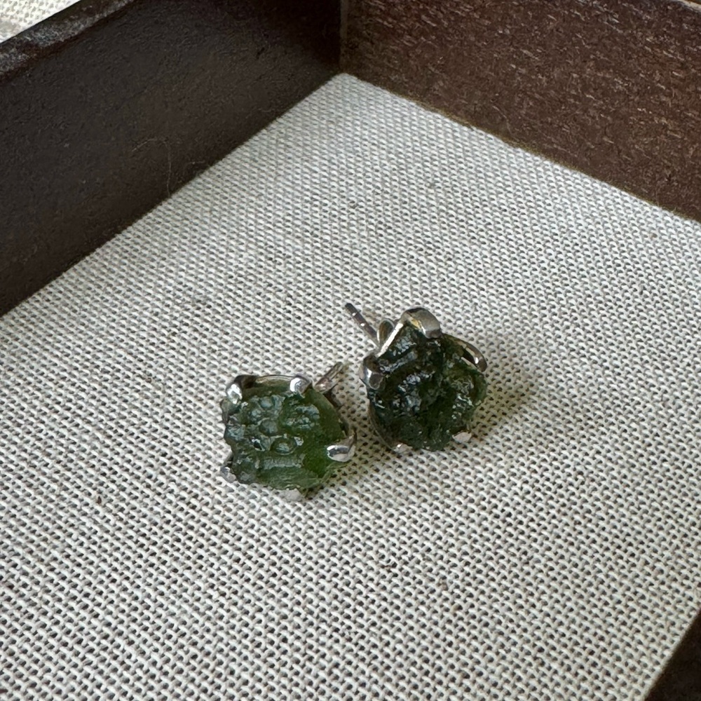 Raw Moldavite Sterling Silver Studs